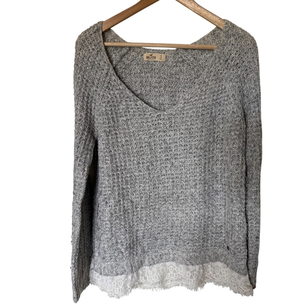 Hollister Sweater Women S Grey Good Lace Trim Waffle Knit V-Neck Long Sleeve